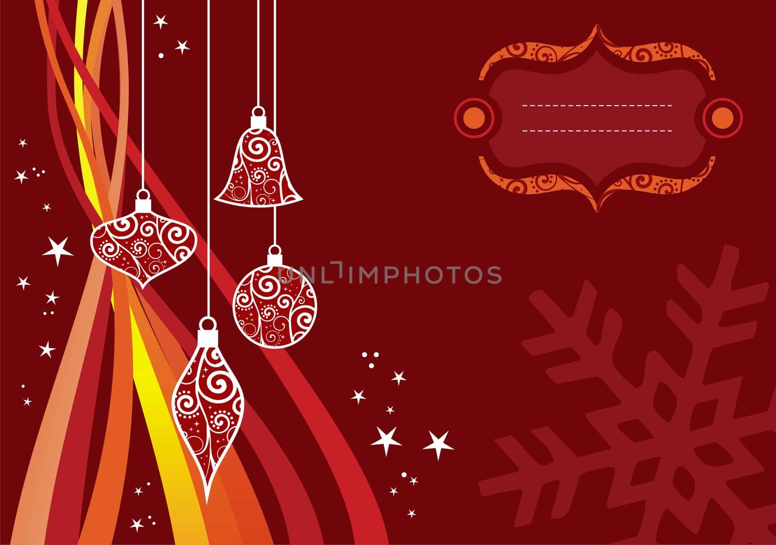 Christmas season illustration with stars, balls and waves over red background.