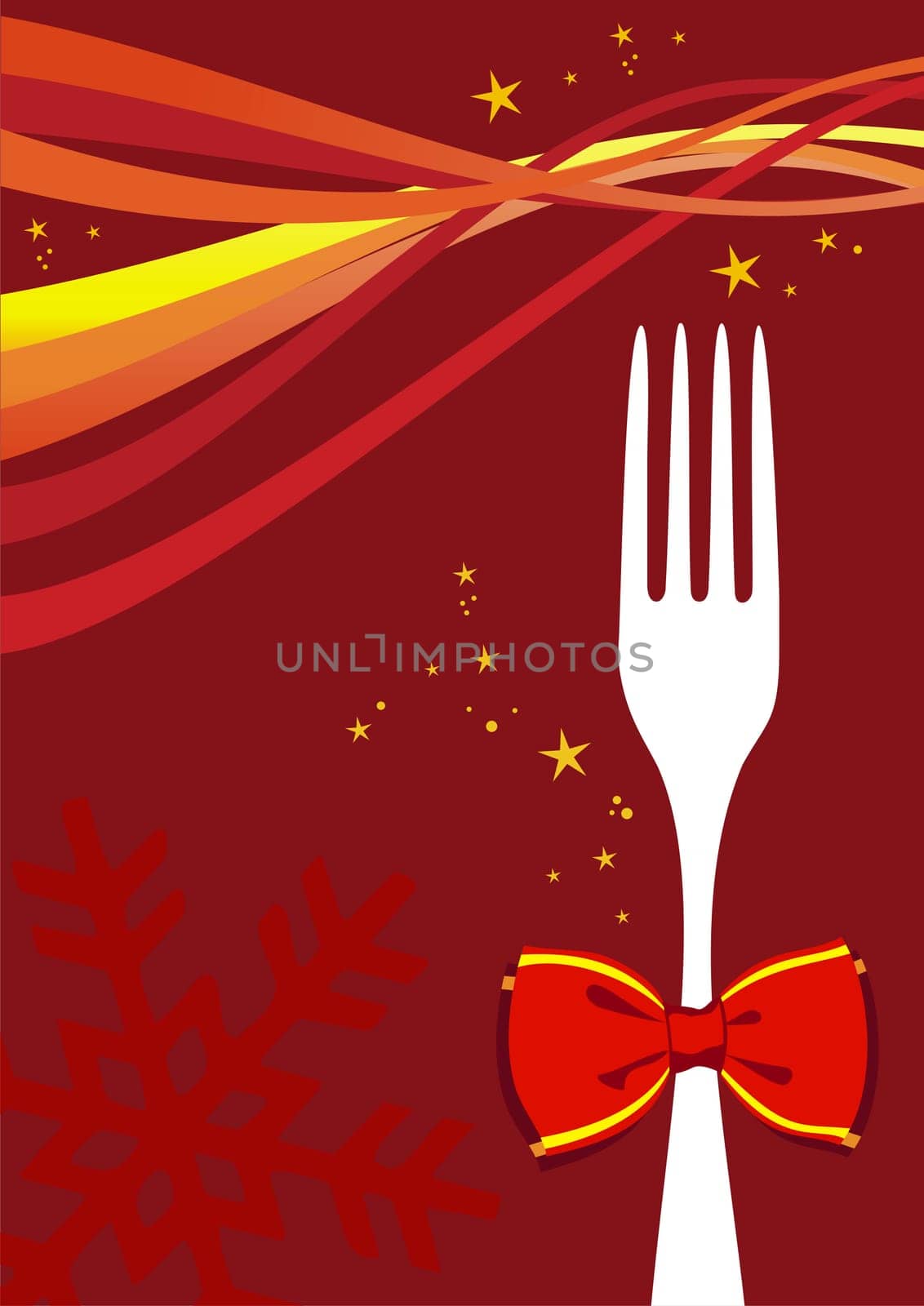Cutlery menu design background for Christmas season. Fork with a bow and multicolored waves over red design.