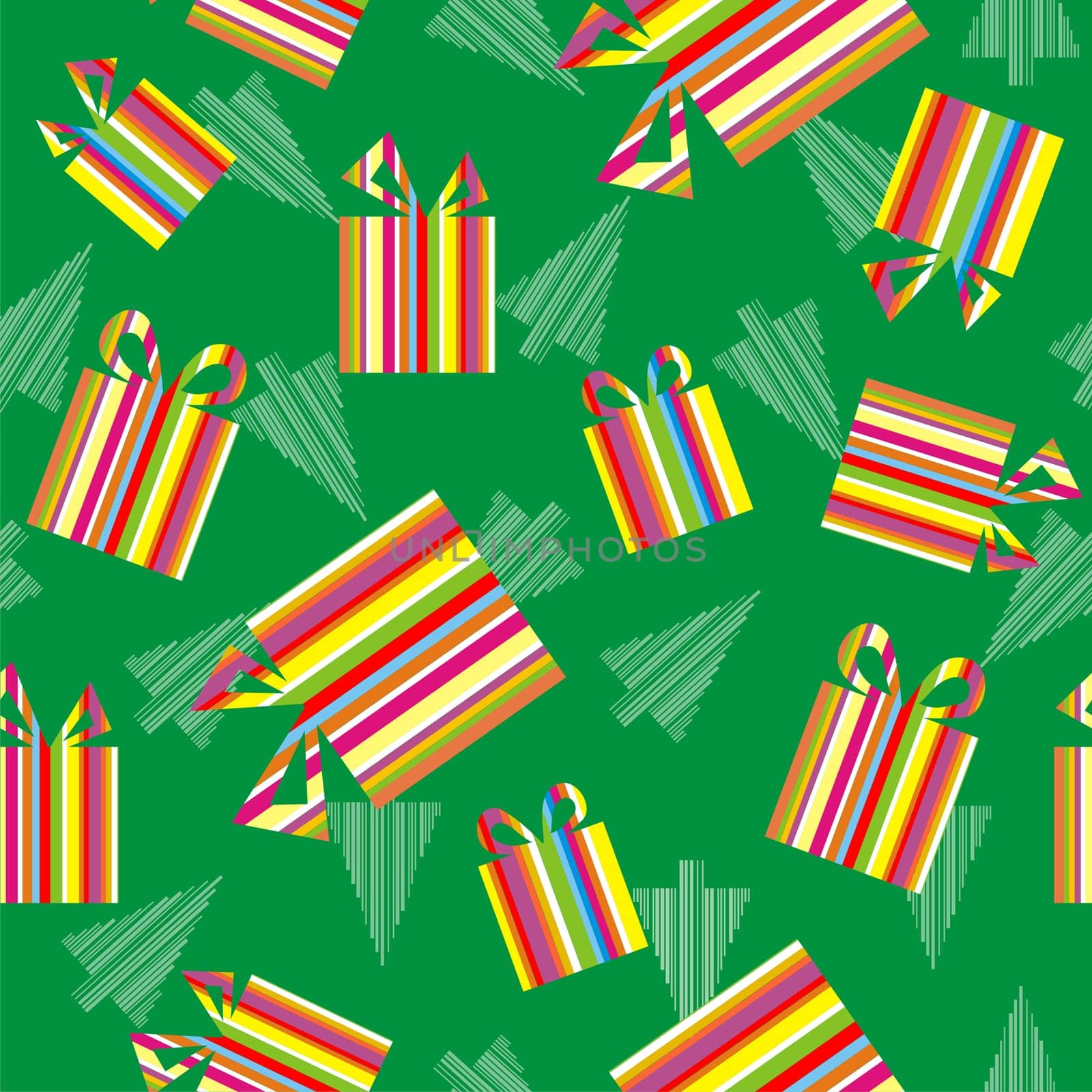 Christmas Gift Boxes colorful striped textured. White Christmas Trees on Green background. Vector available