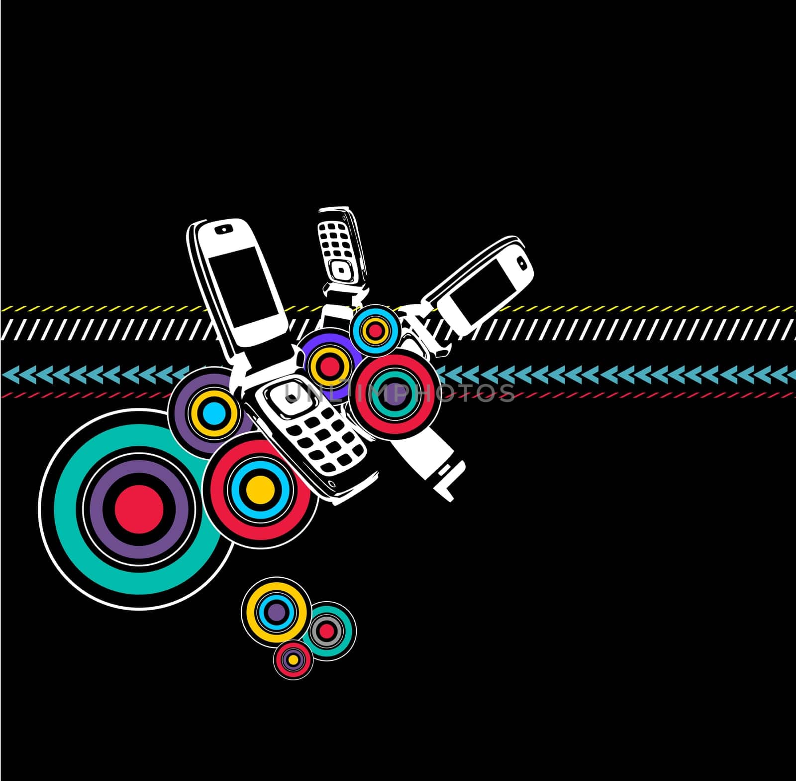Colorful background with four mobile phones and circles on black background. Vector available