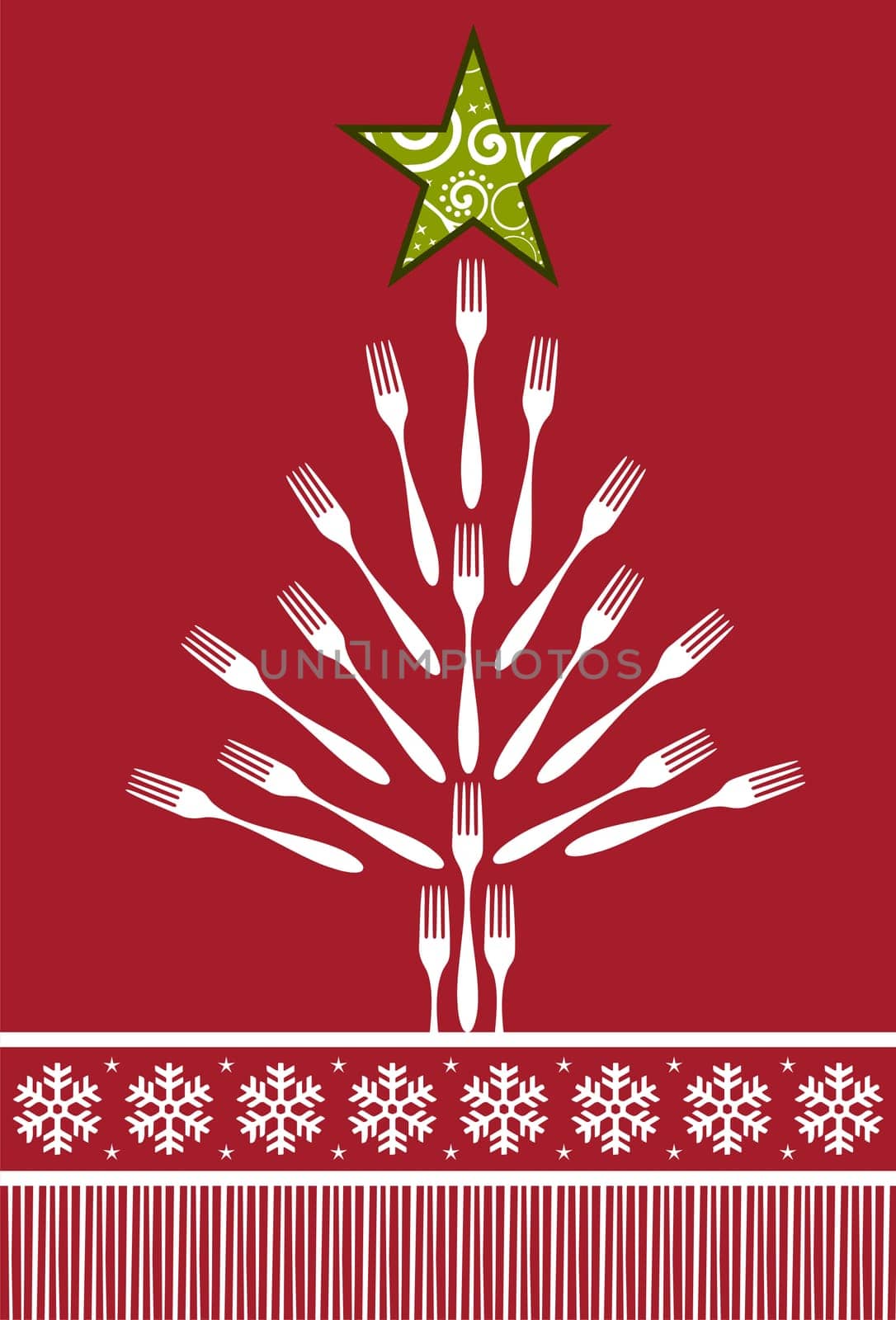 Christmas Tree Cutlery background. Forks forming a tree with a shiny green star on top over red background.