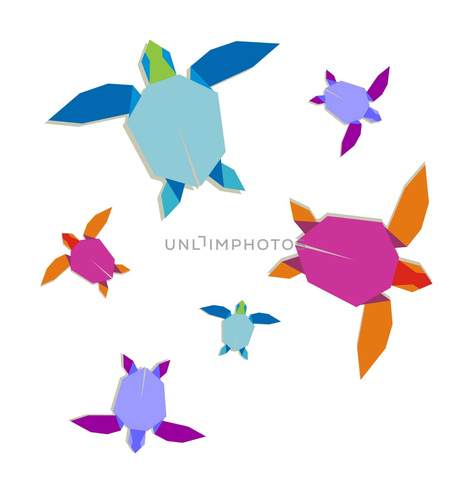 Group of multicolored origami turtle.