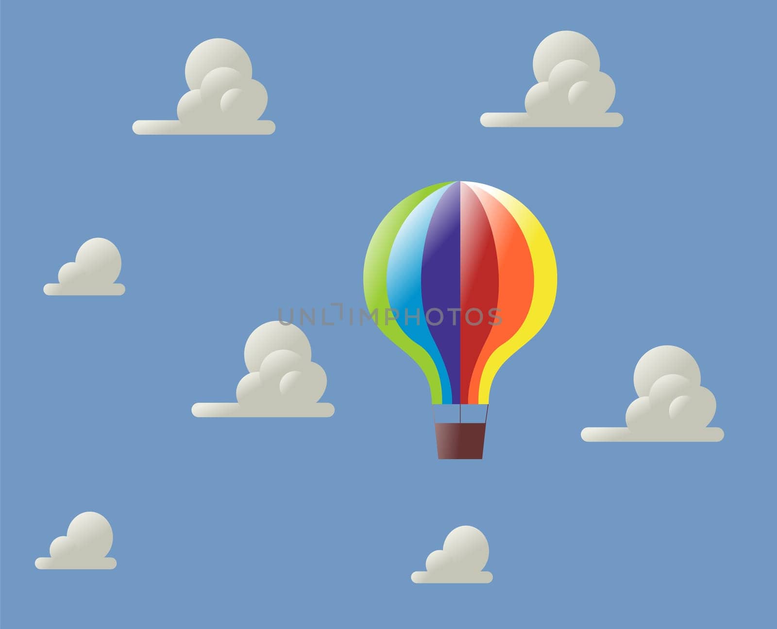 One colorful balloon flying in a blue sky with clouds illustration. Vector available.