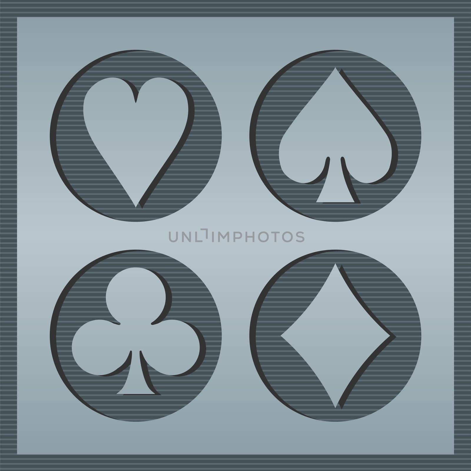 Poker playcards icons framed in circles on striped background. Grey tones. Vector file