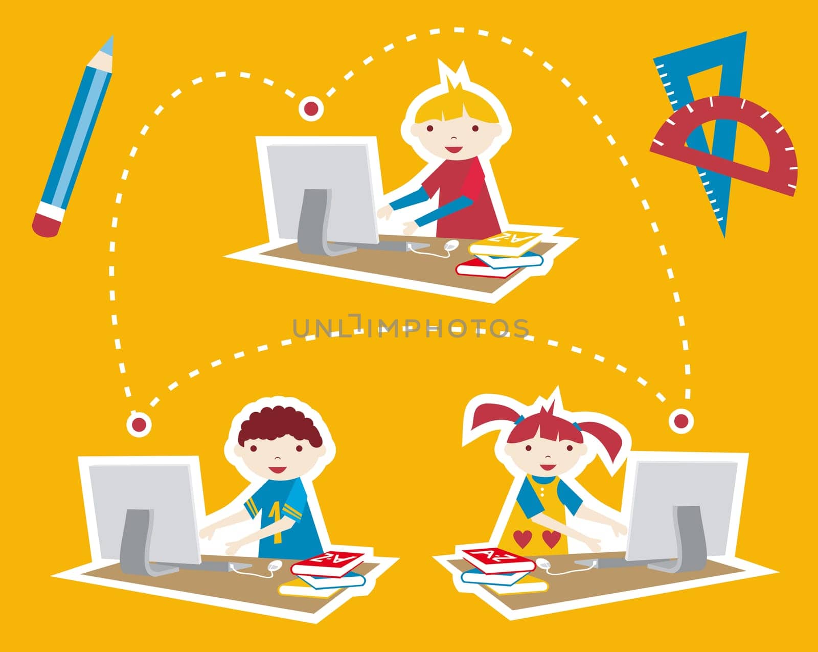 Children learning and social school communication diagram. Internet as a learning tool.