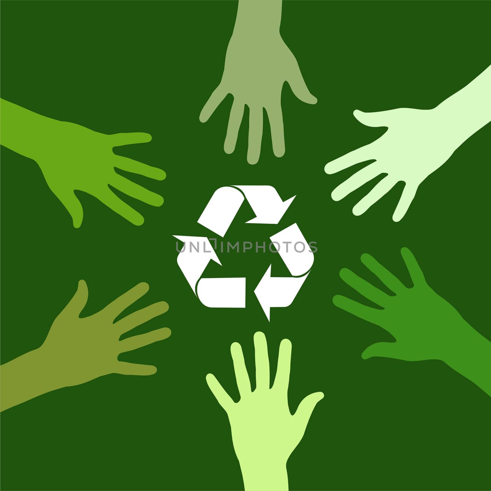 recycling sign been circled by various green hands. Vector file available.