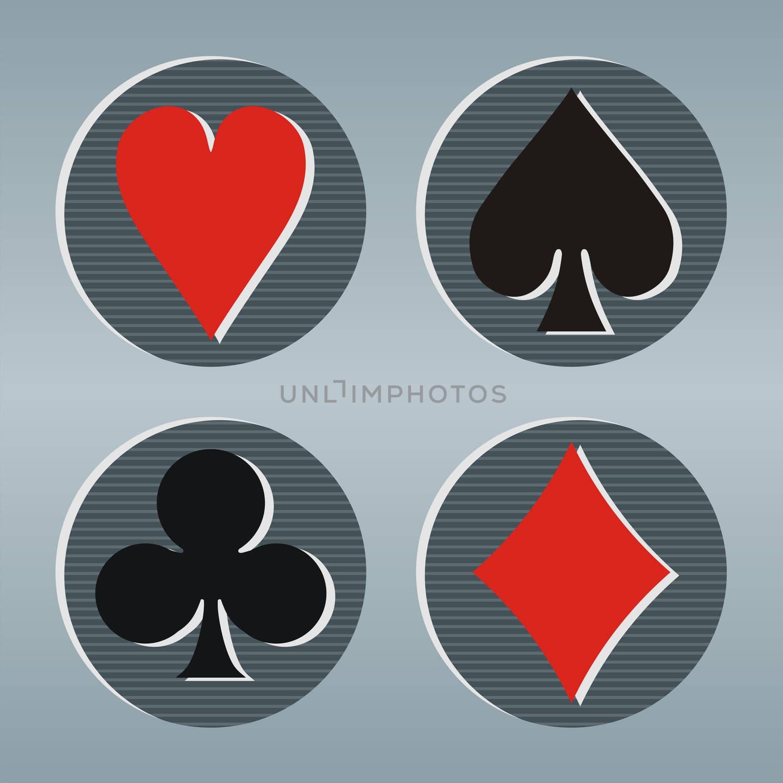 Poker playcards icons in a gray frame with circles on striped background. Vector available