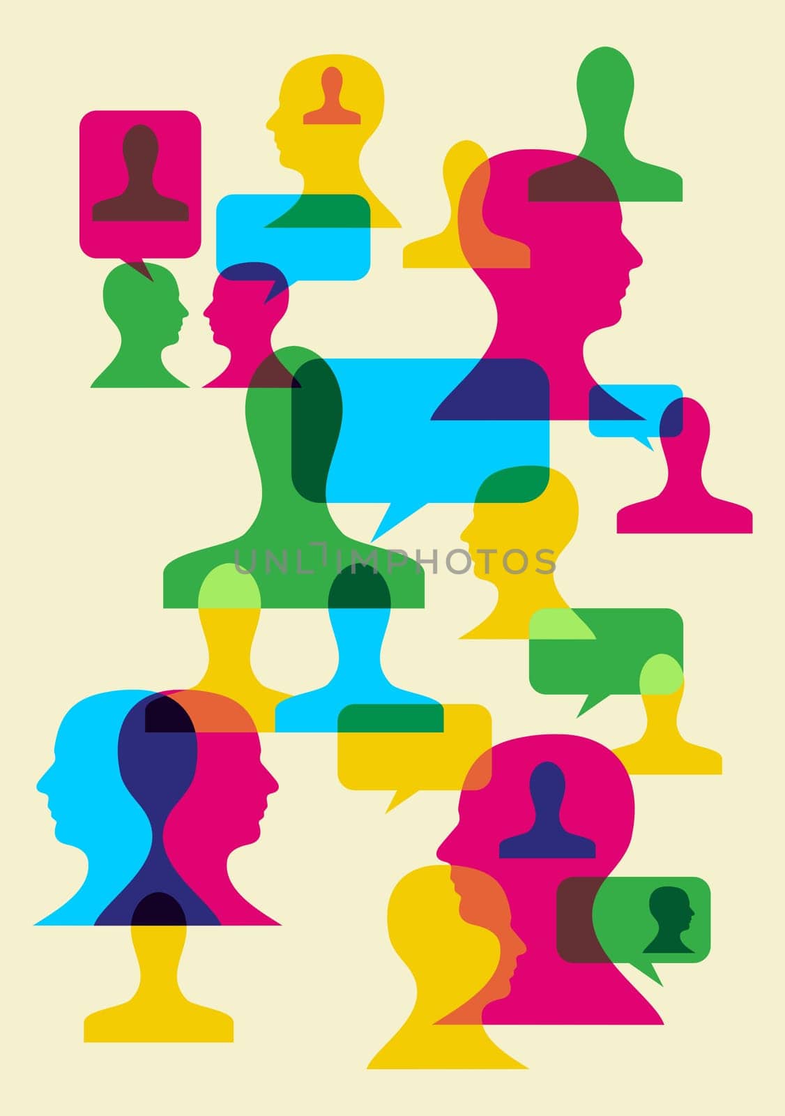 Multicolored bubbles and human heads interaction. Vector file available.