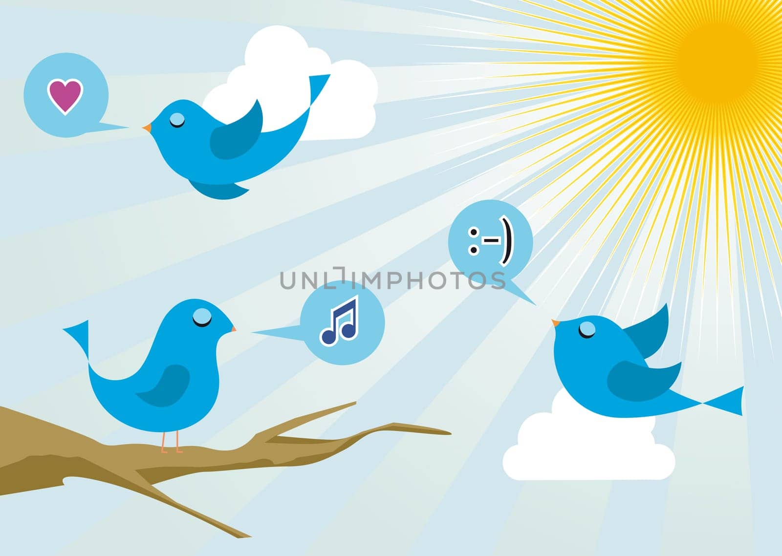 Twitter birds morning communication. Social media network connection concept