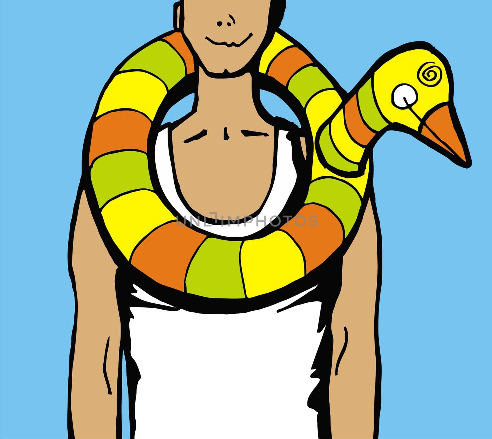 Man wearing a duck water inflatable arround his neck.