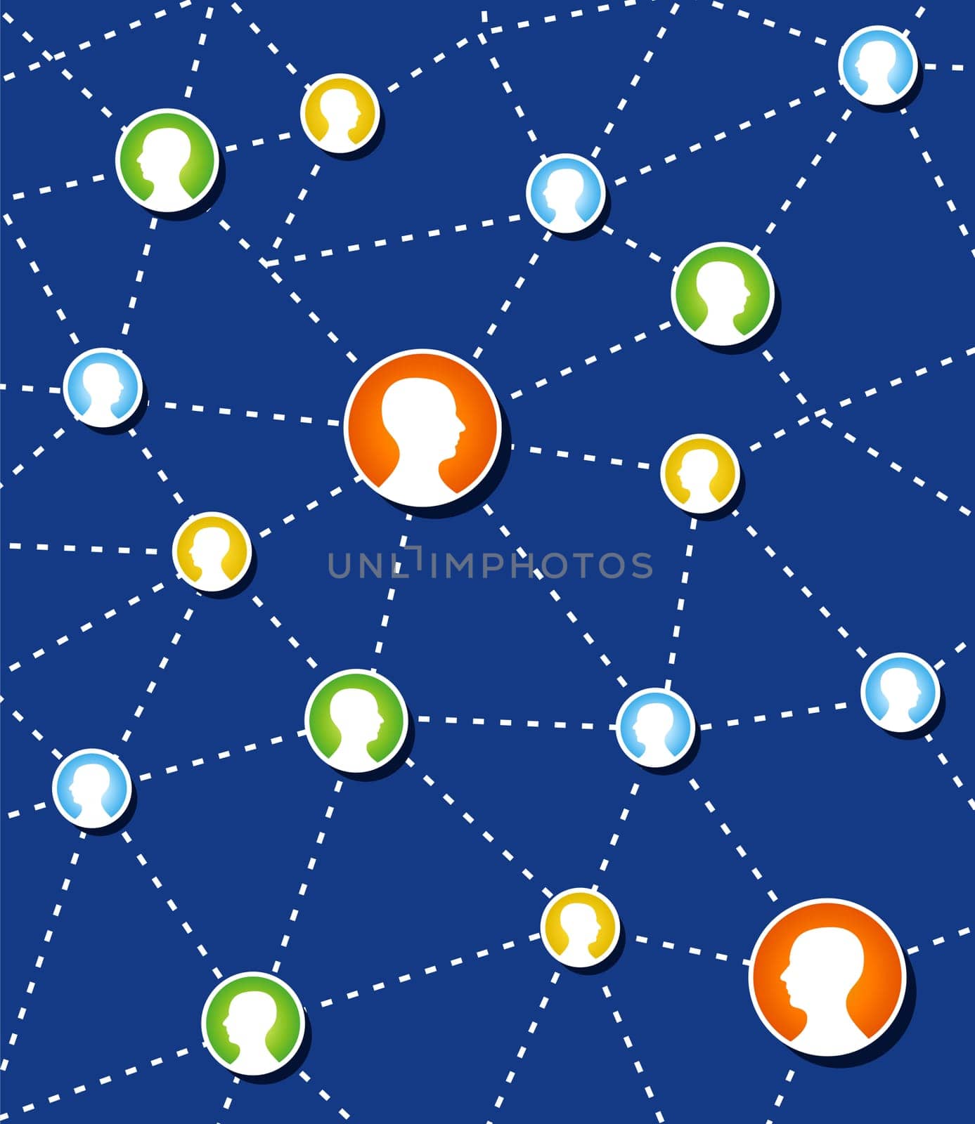 Web social relationship diagram showing human head silhouettes connected by colorful circles.