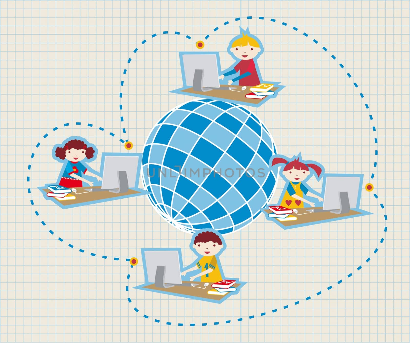 Children learning and social school communication diagram. Internet as a learning tool.