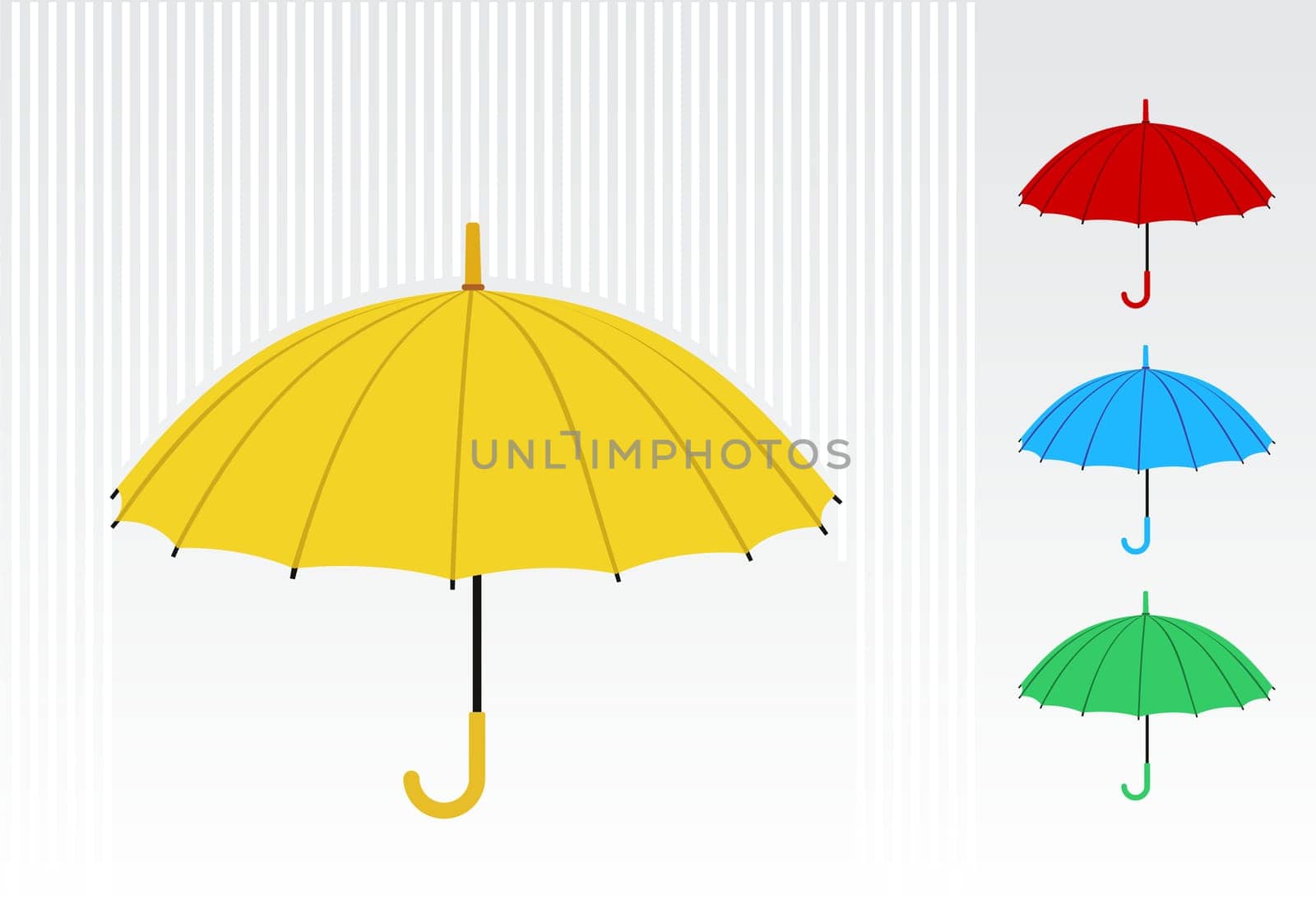Yellow umbrella with a colorful pattern of umbrellas at the right side. Vector available