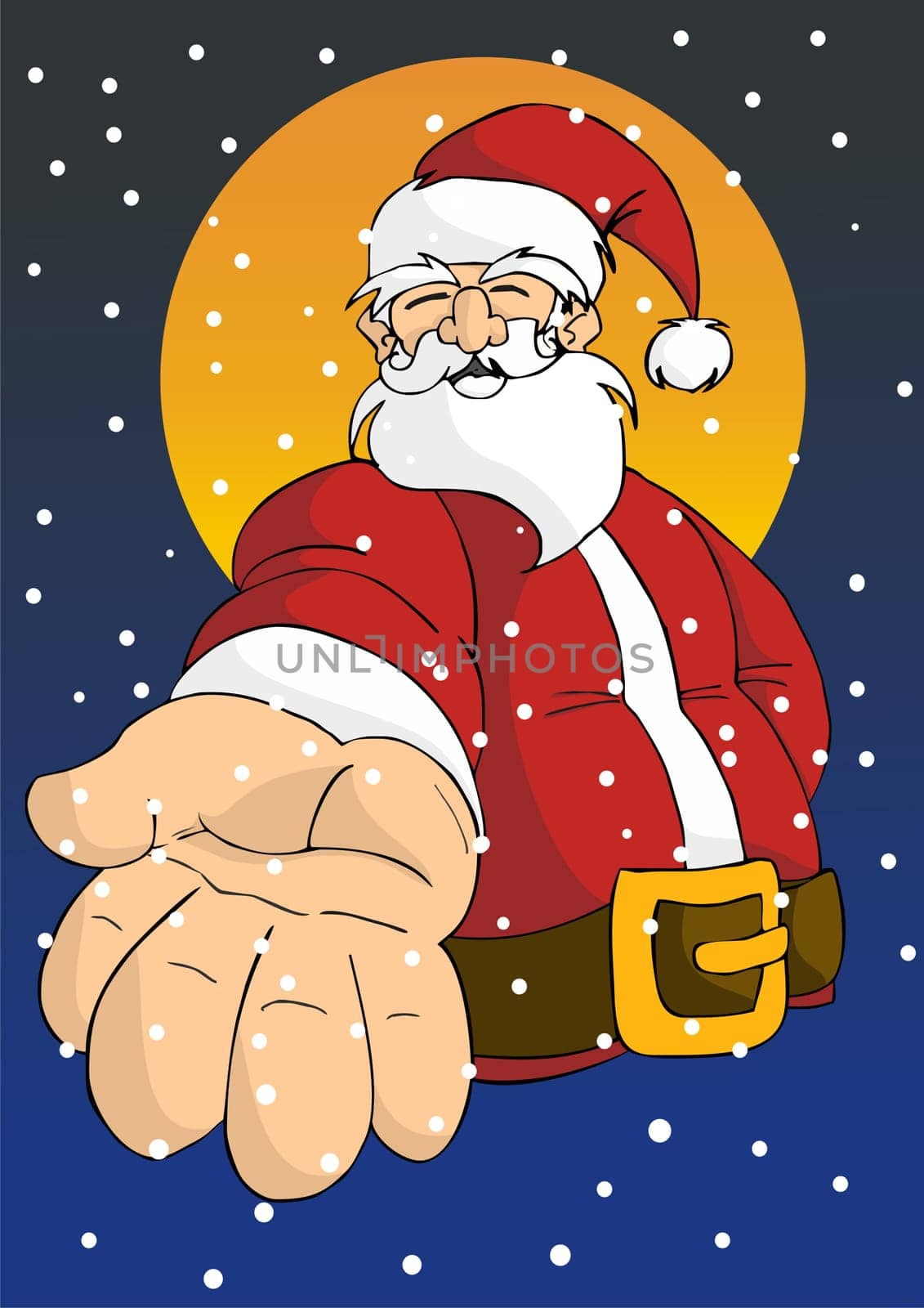 Christmas series postcard background: Cheerful Santa giving his right hand with orange moon in the background in a snowy sky.
