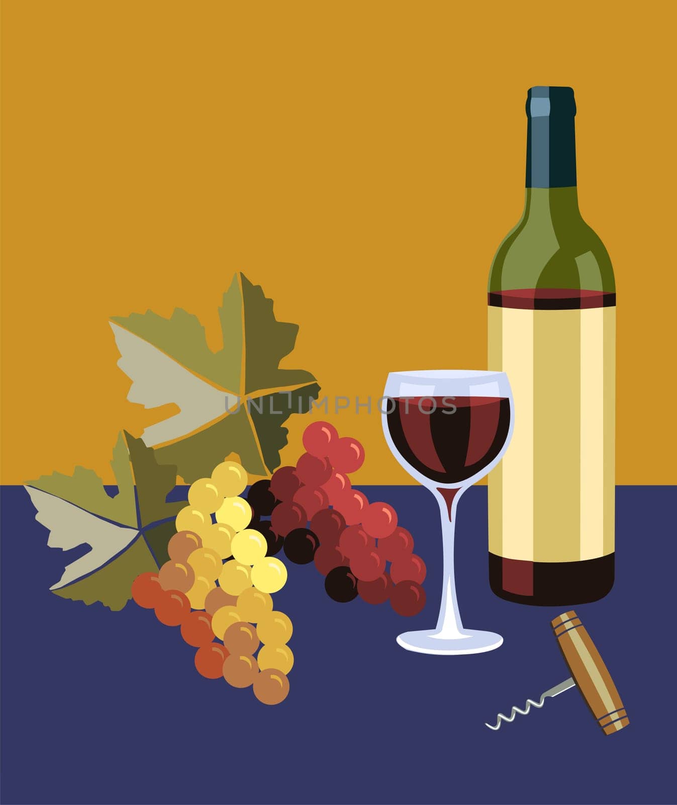 Bottle and glass of wine with grapes on the left