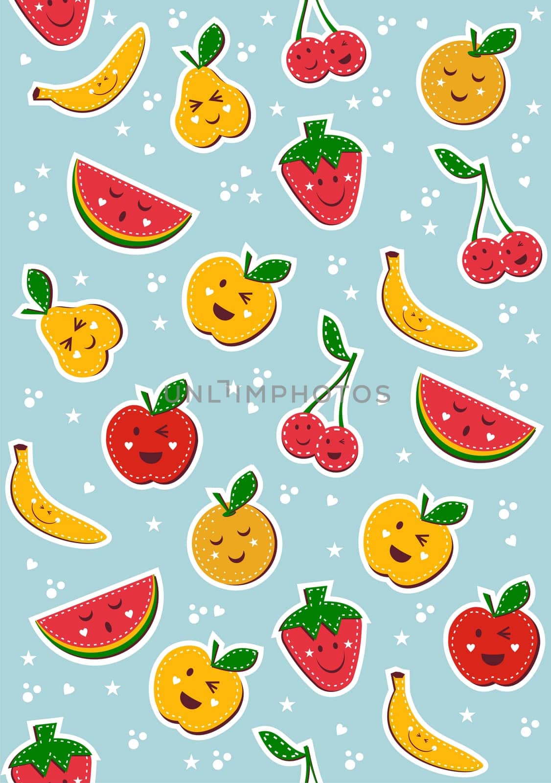 Happy fruits pattern. Vector illustration background.