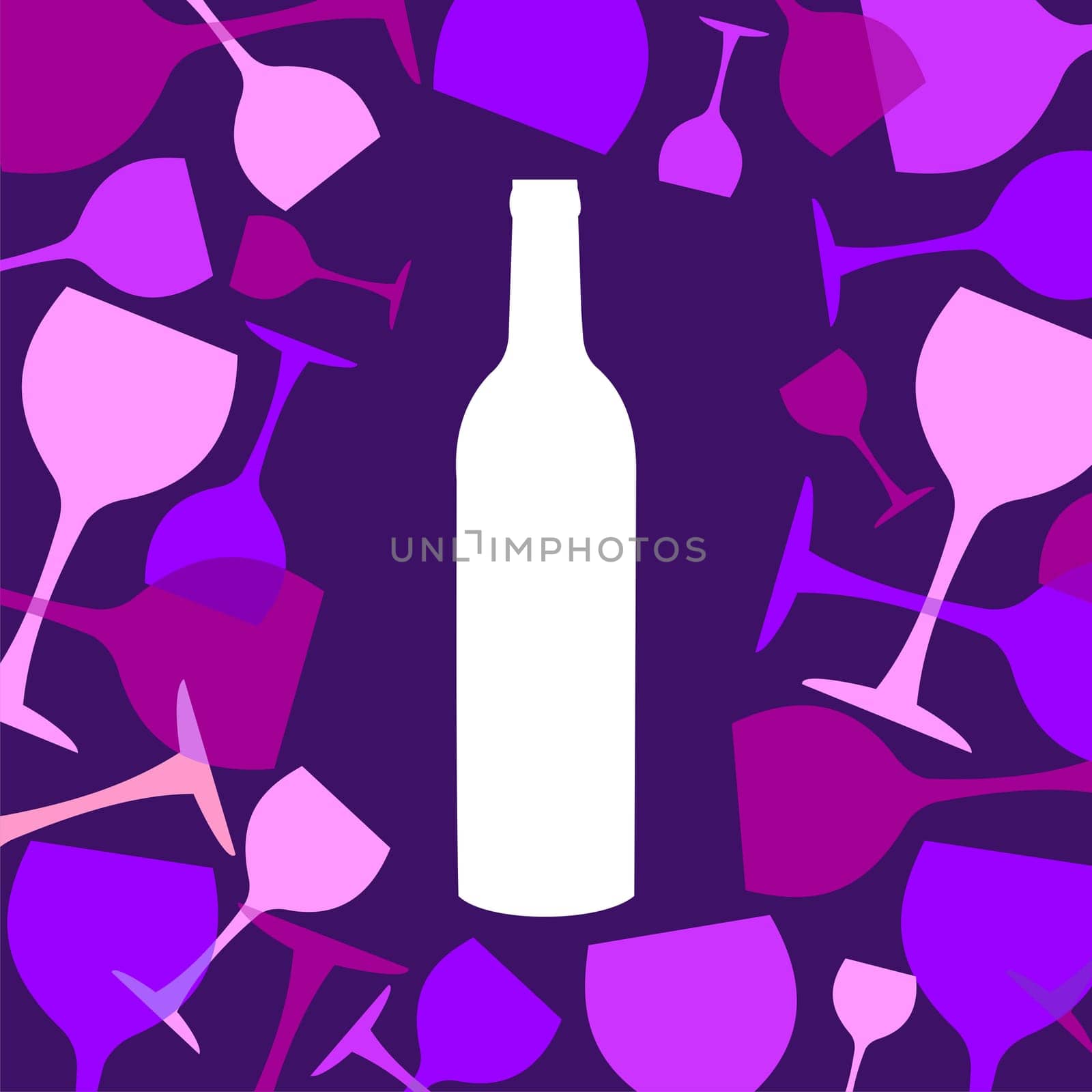 Wine bottles and wineglasses background. White, blue, pink and purple silhouettes