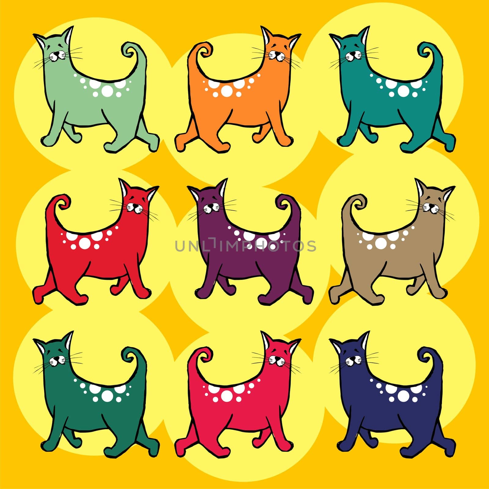 Colorful cats with curly tail pattern. Yellow background