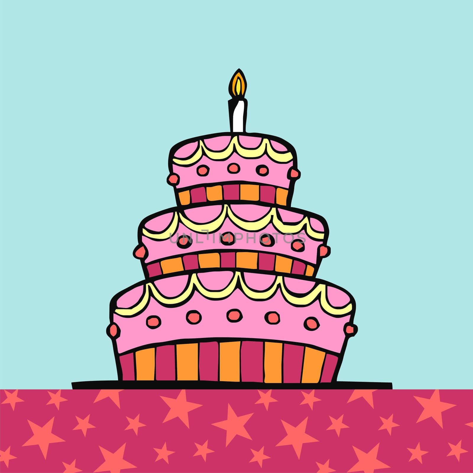 Birthday cake on table with pink tablecloth with stars on light blue background