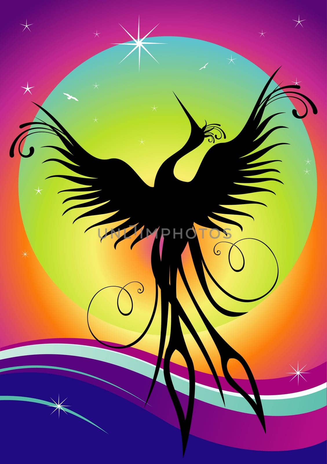 Black phoenix bird figure over multicolored background. Re-birth concept.