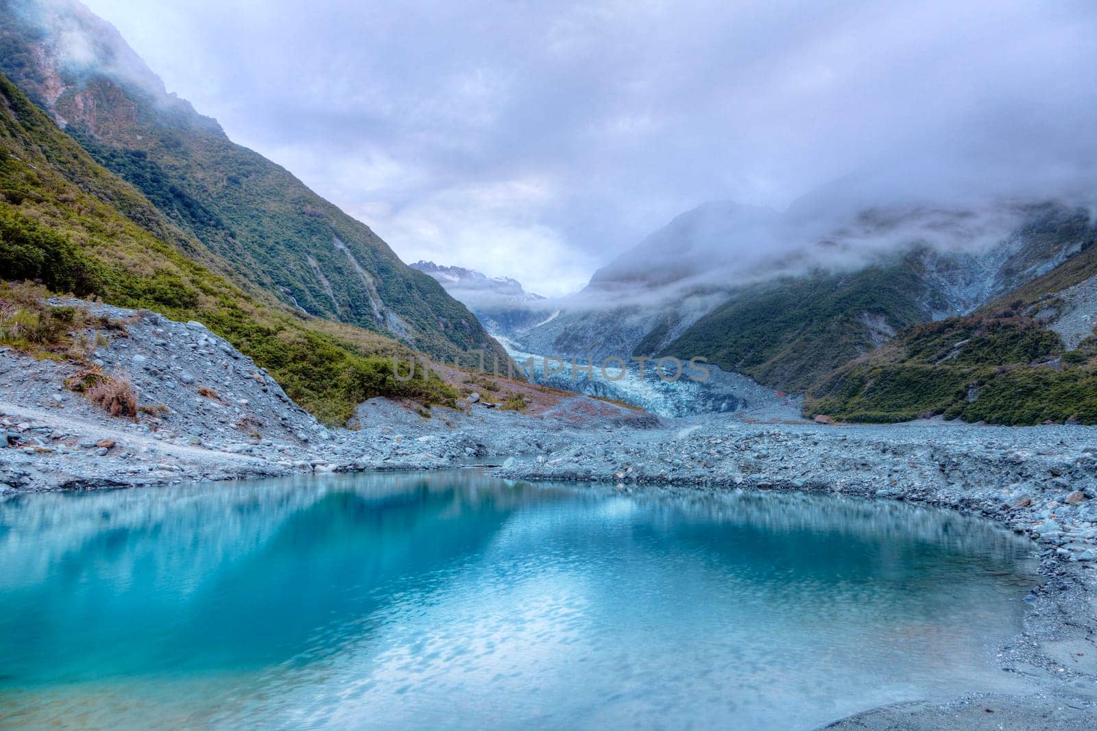 View of meltwater pool at the terminus of Fox Glacier