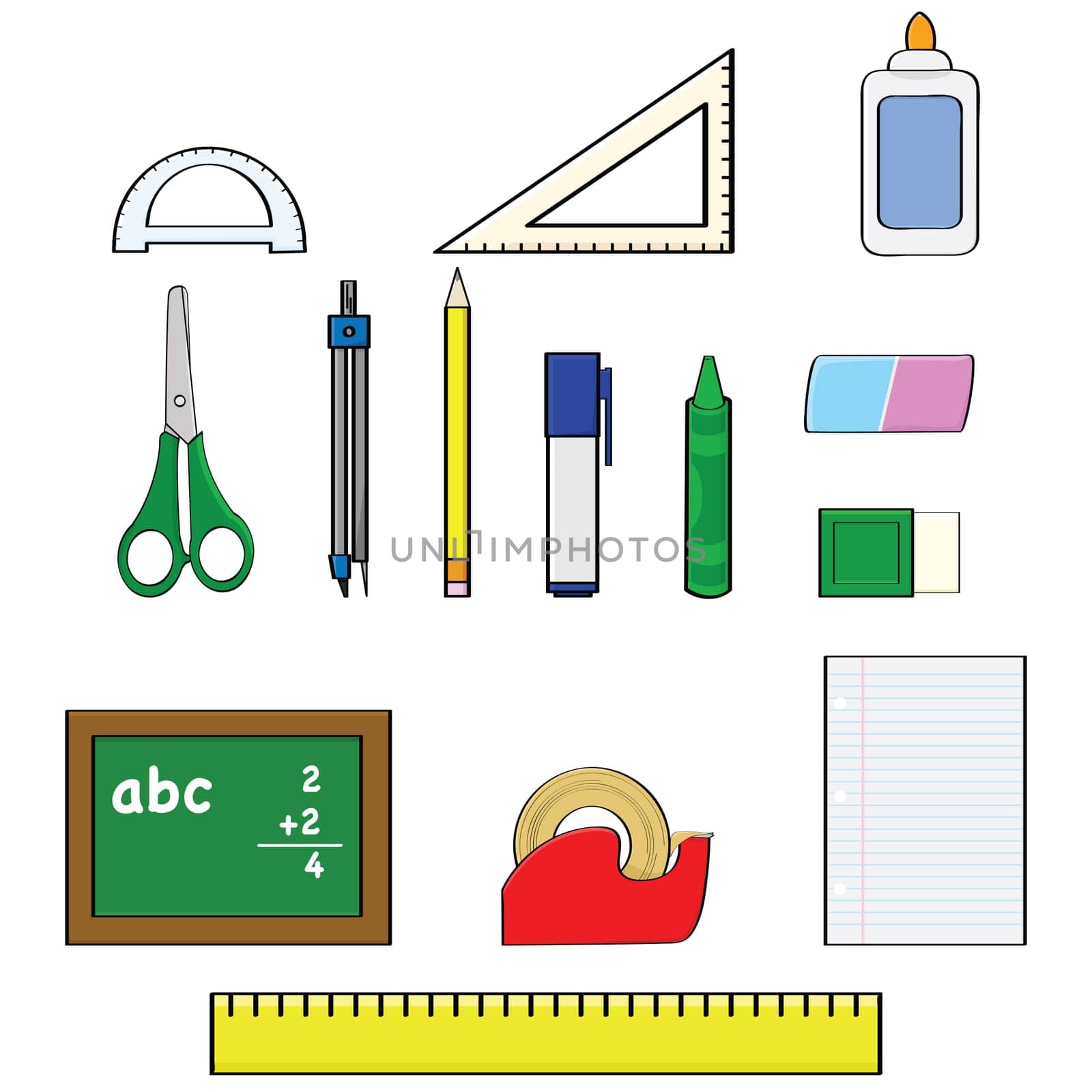 Cartoon illustration set showing different school supplies, such as pencils, rulers and erasers