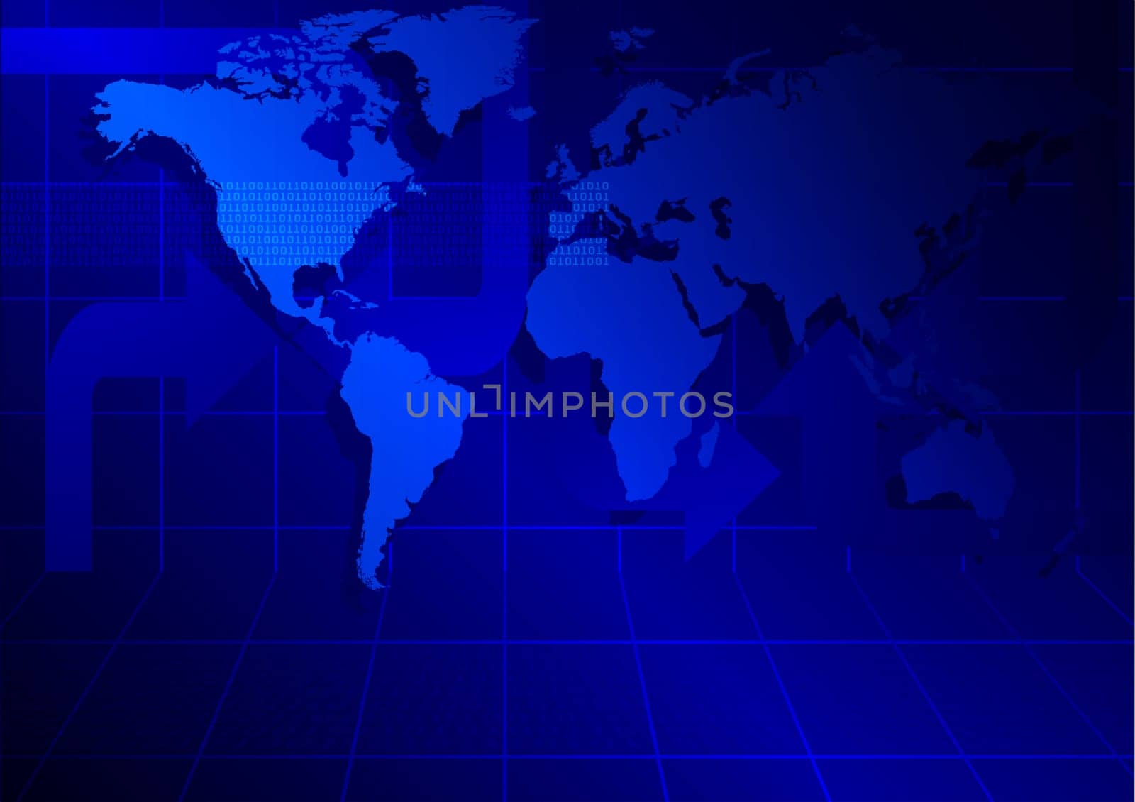 Blue abstract background with world map and arrows