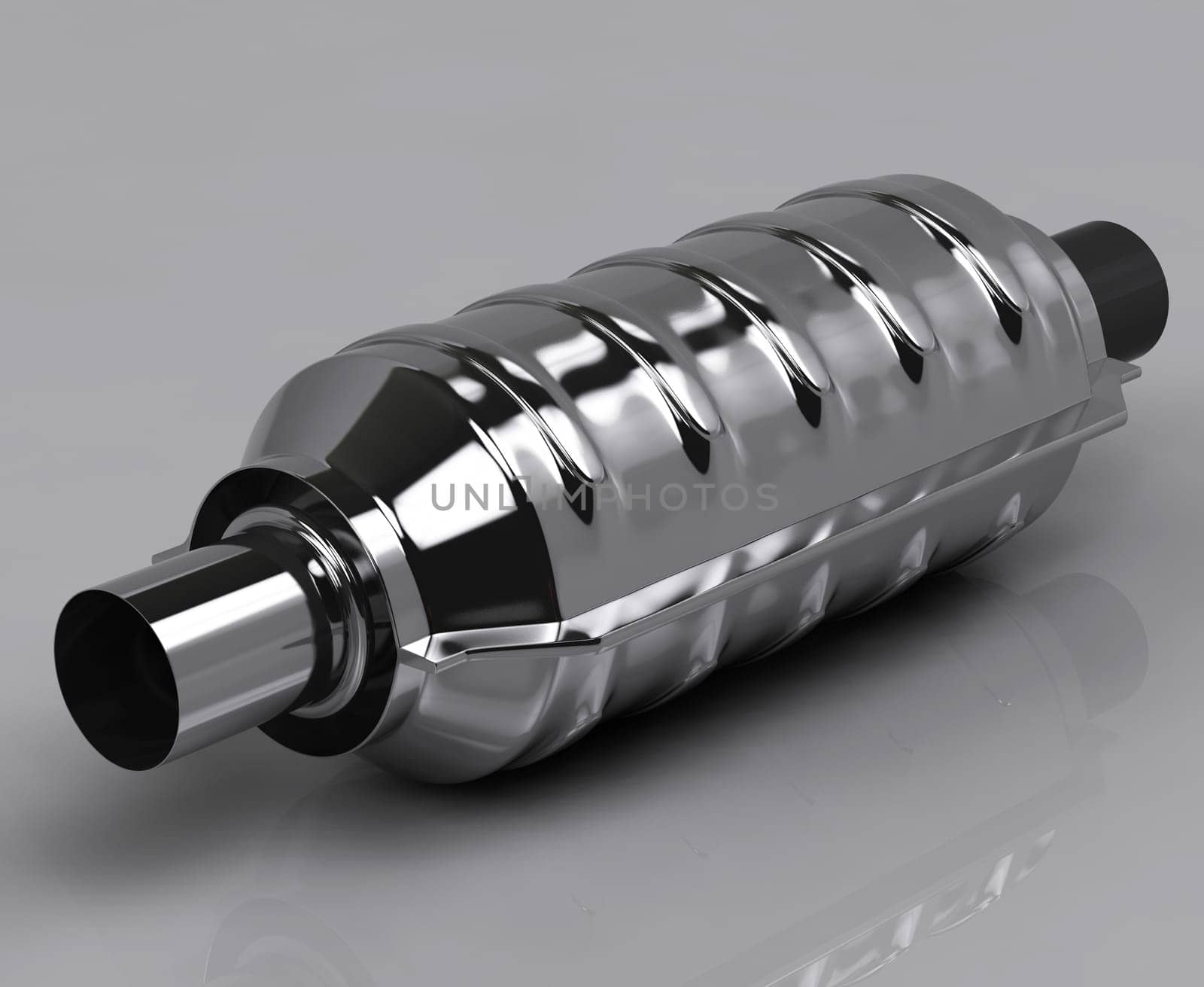 3D of shiny reflecting muffler on grey background
