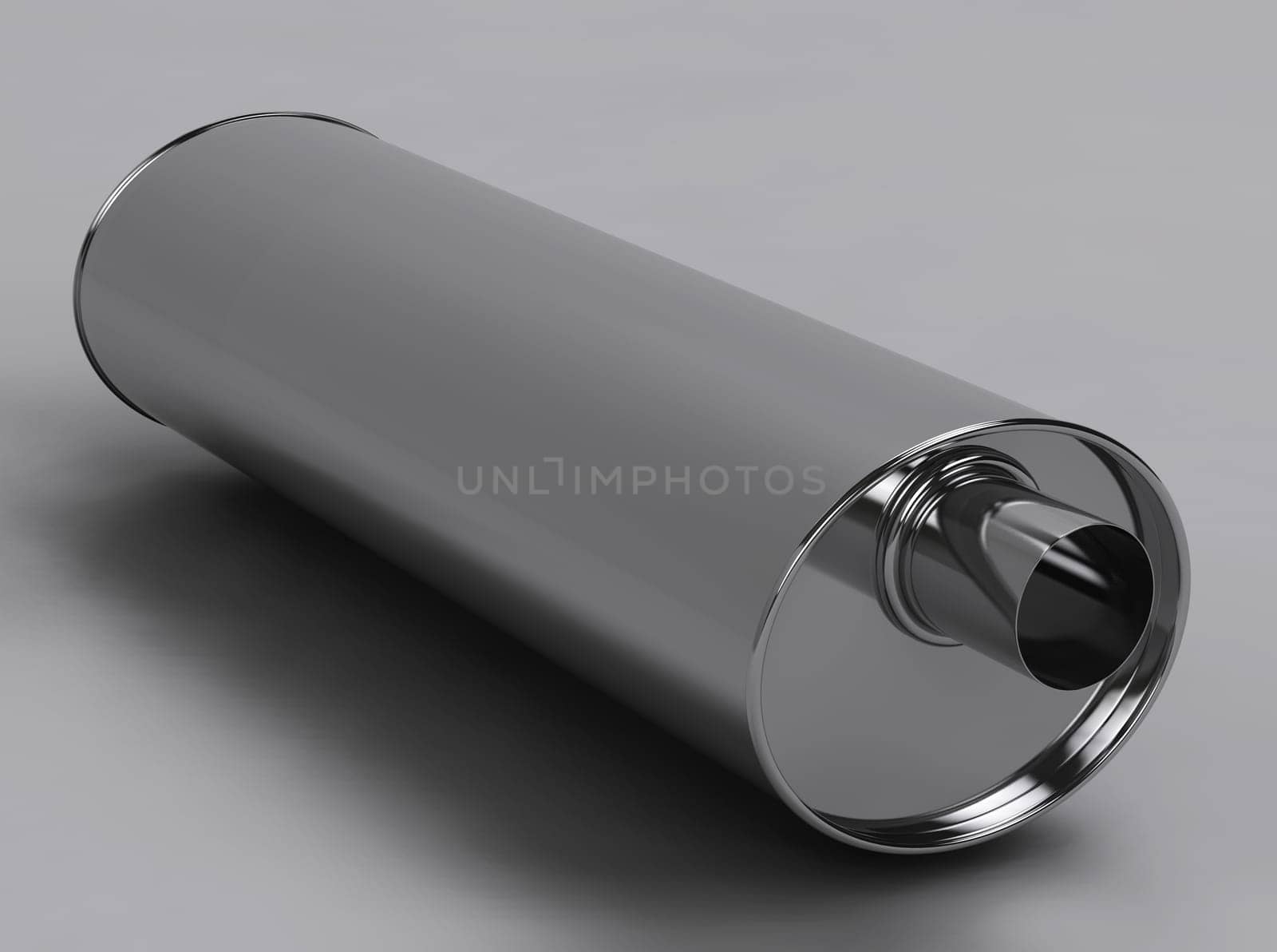 3D of reflecting muffler cylinder in grey studio