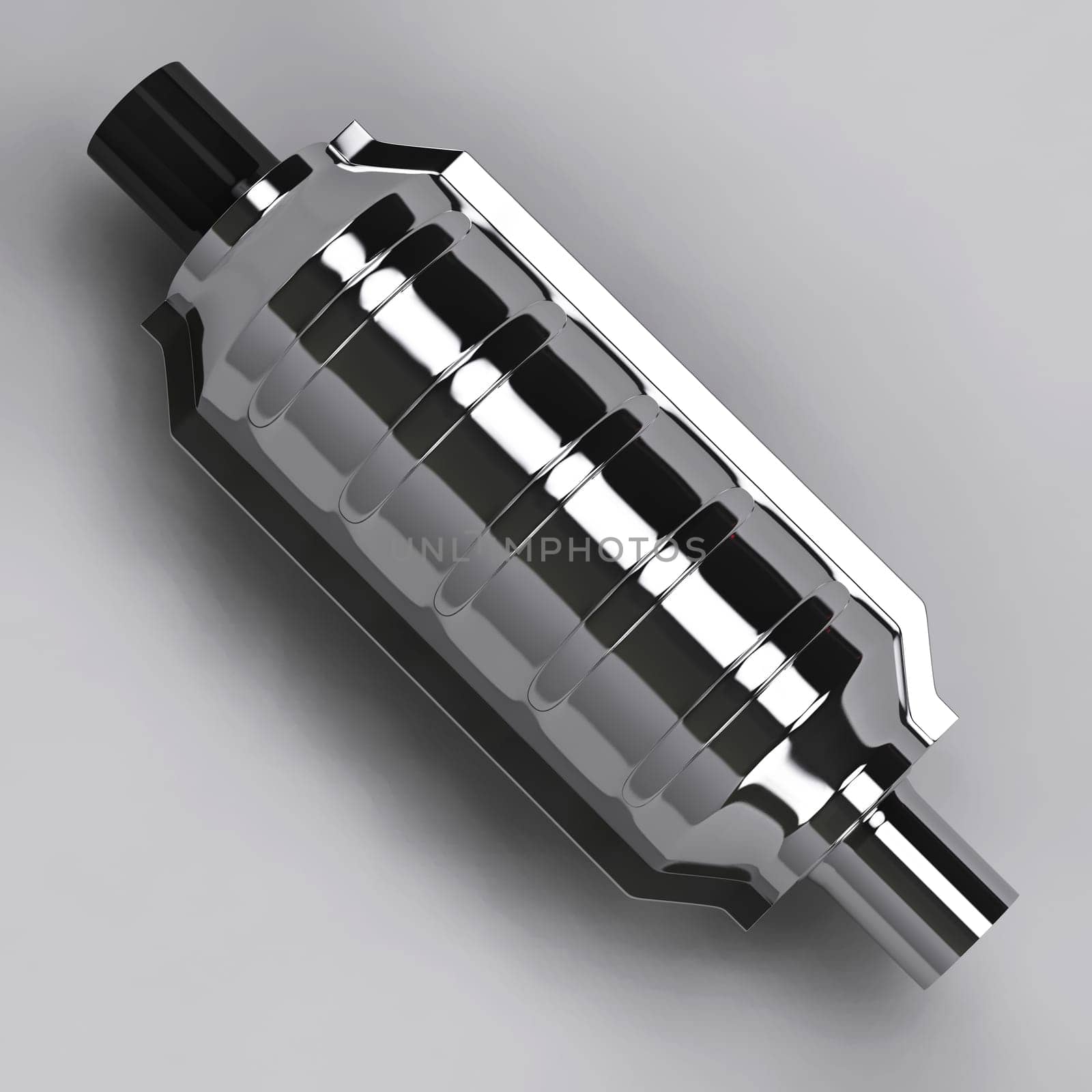 3D of shiny reflecting muffler in grey studio