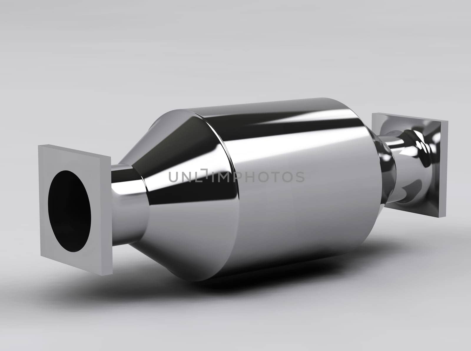 3D of shapy muffler cylinder in grey studio