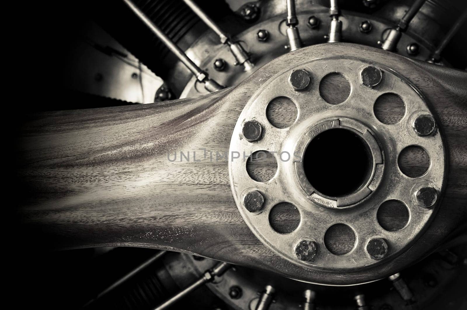 wooden aircraft propeller and engine cylinders