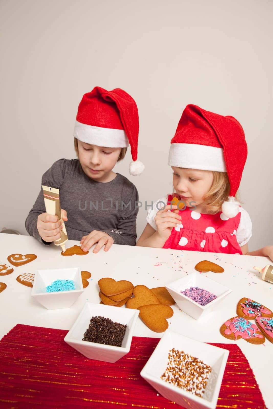 Girls decorating gingerbread cookies at Christmas. Studio shot.