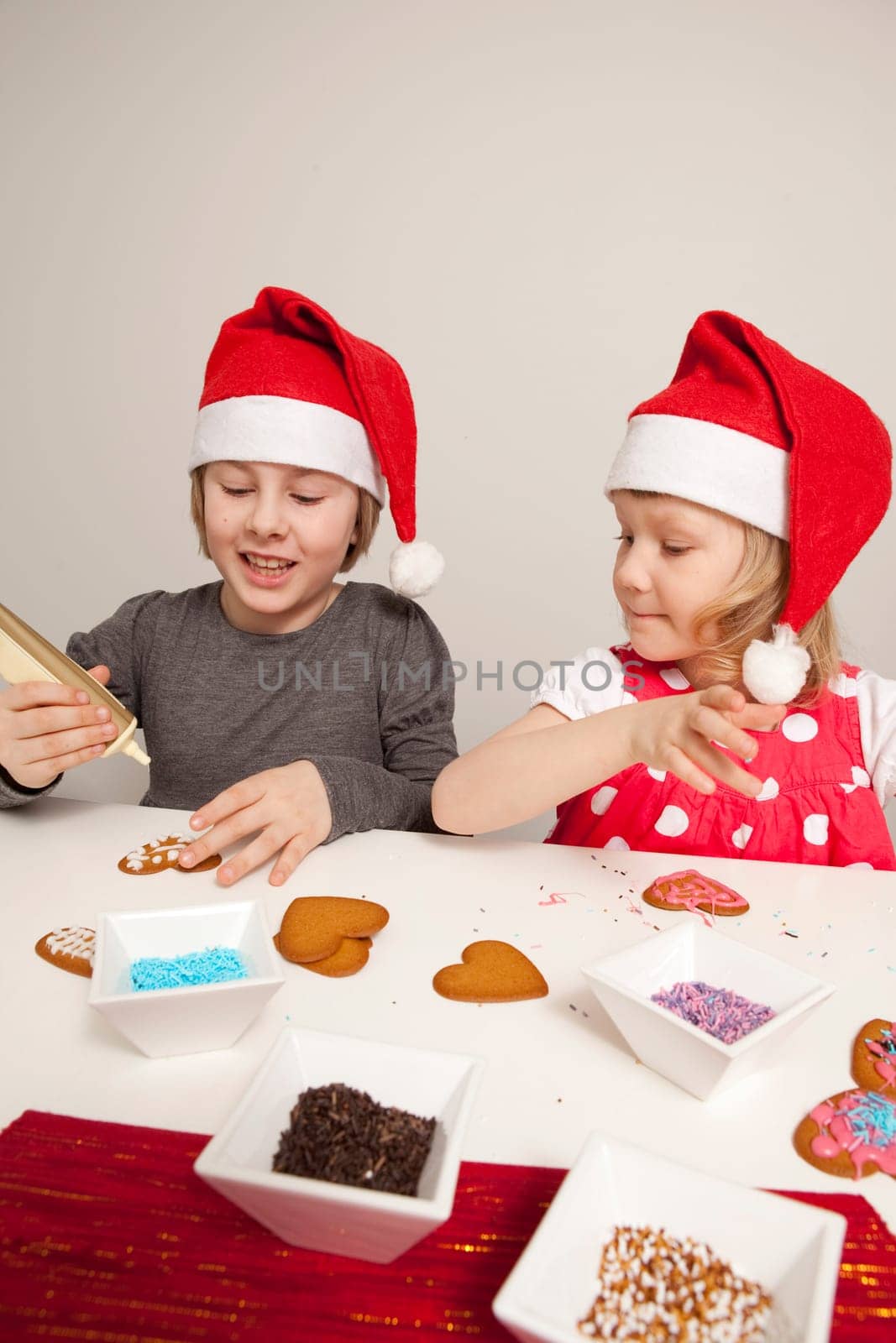 Girls decorating gingerbread cookies at Christmas. Studio shot.