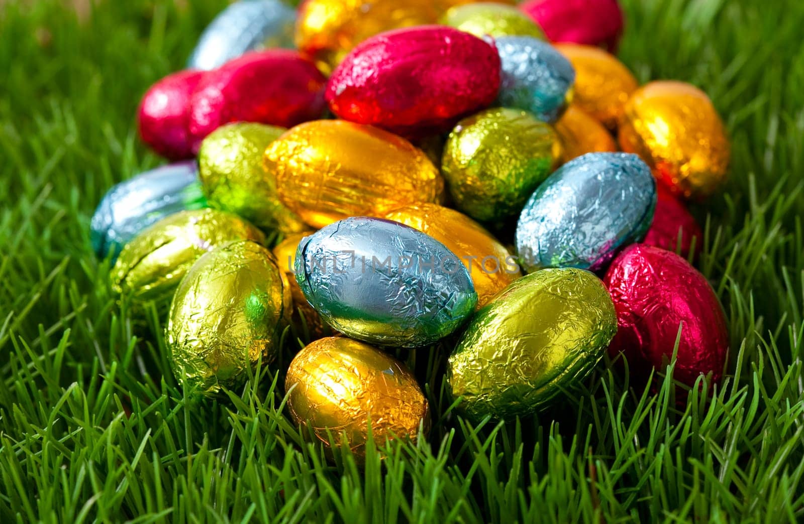 Close-up on chocolate Easter eggs on grass.
