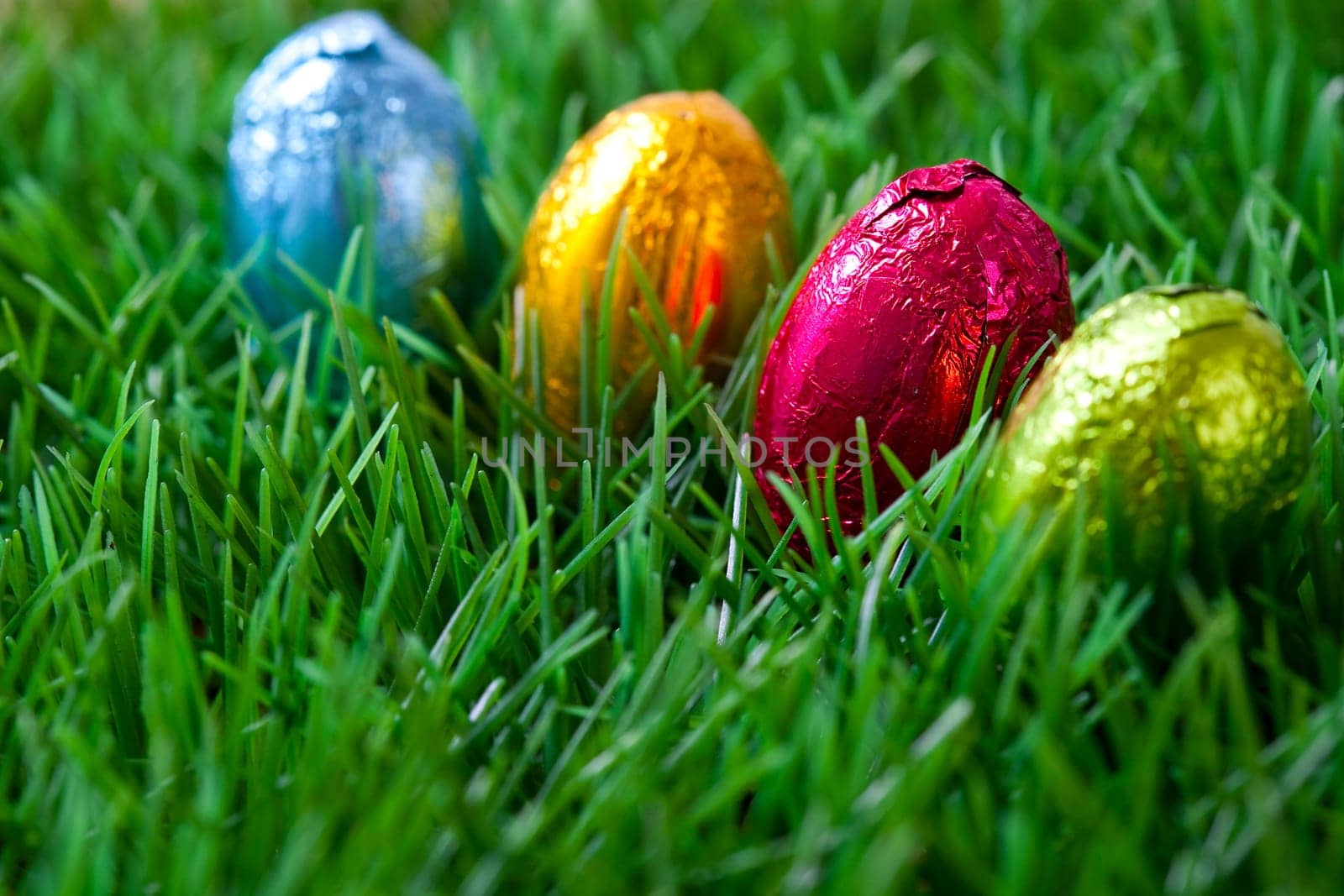 Close-up on chocolate Easter eggs on grass.