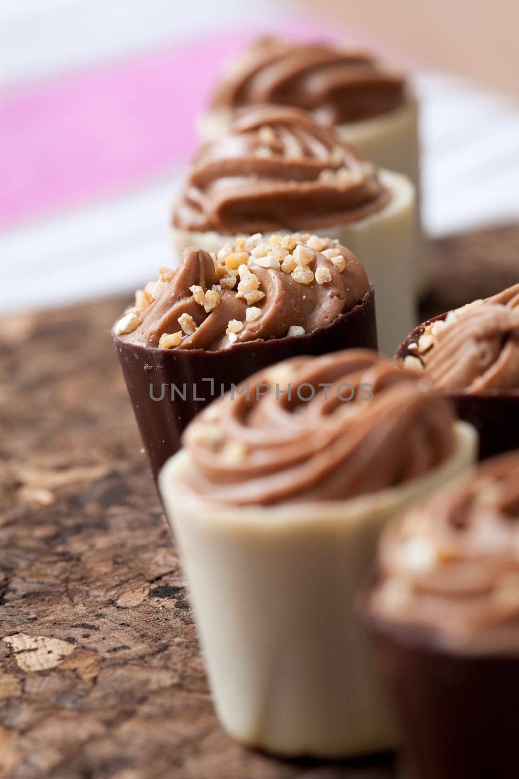 Close-up of delicious chocolate pralines. Studio shot.