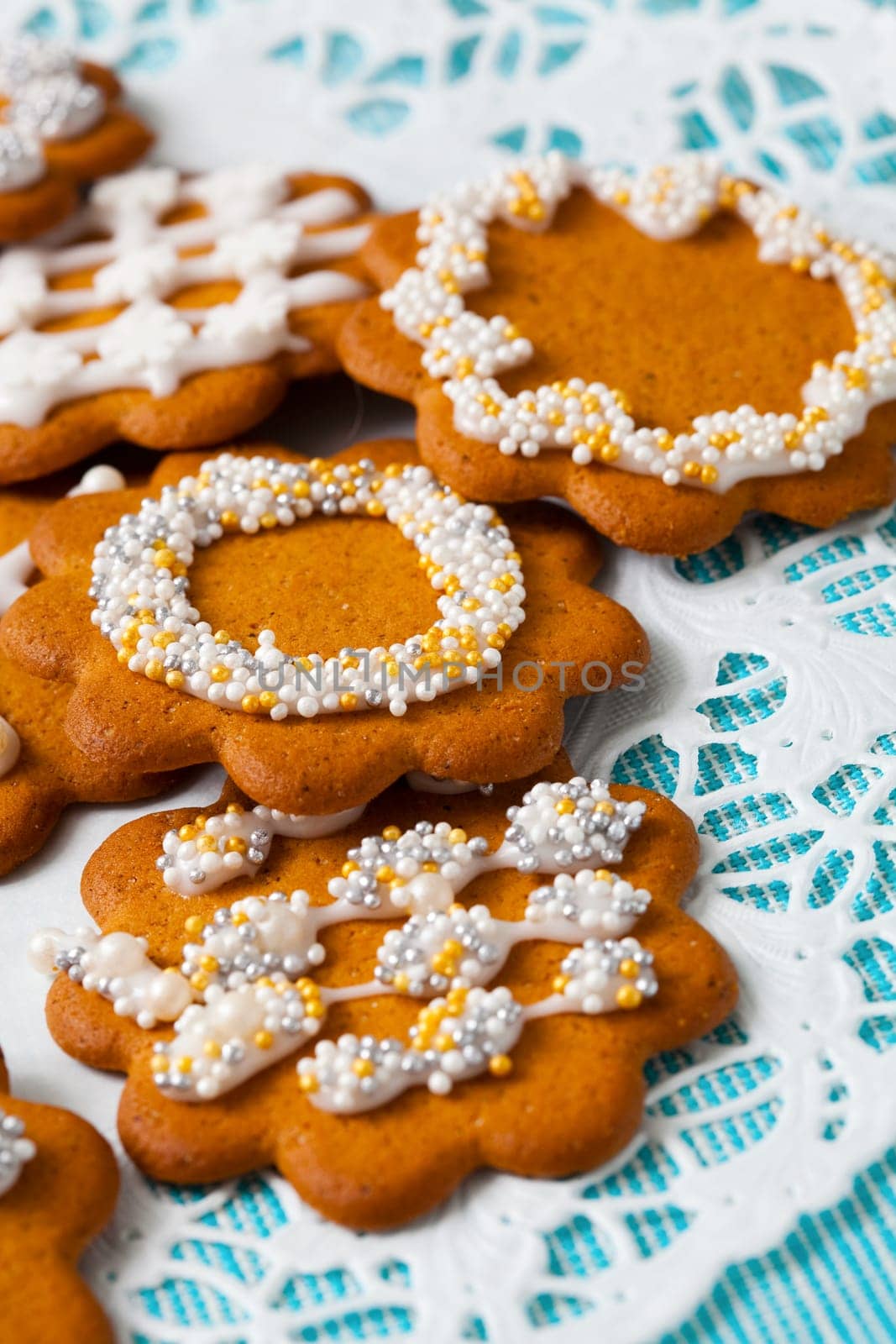 Decorated gingerbread cookies for Christmas. Studio shot.