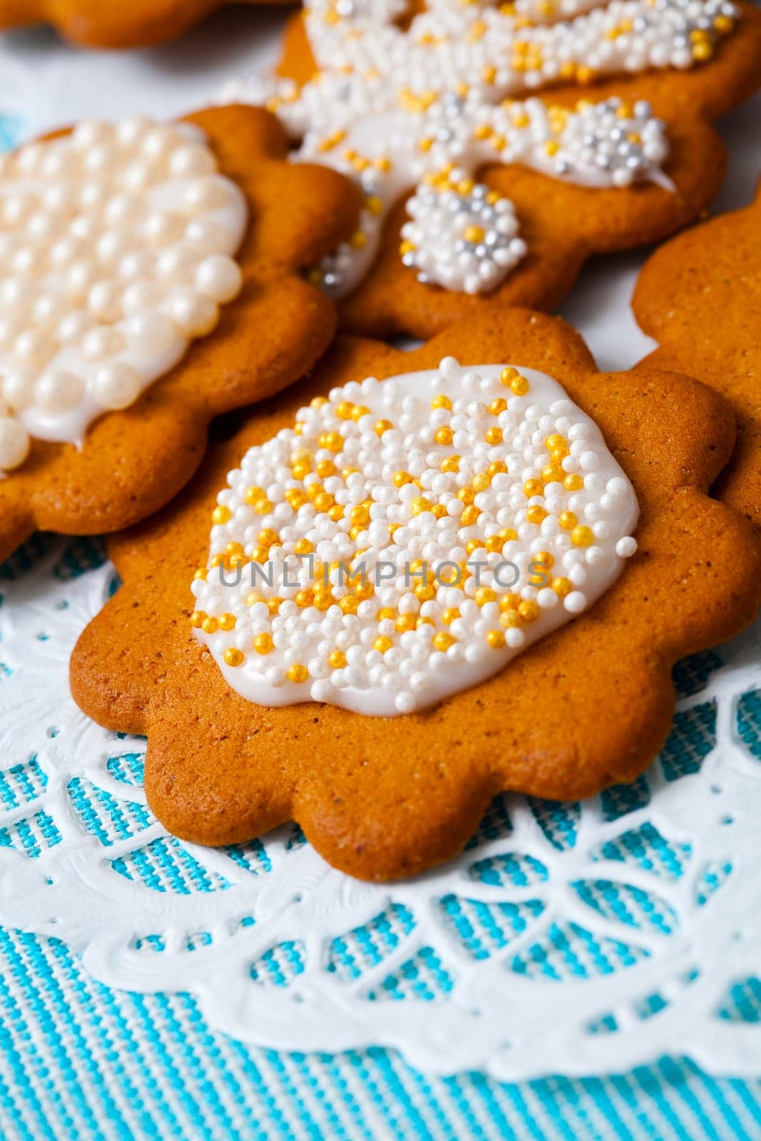 Decorated gingerbread cookies for Christmas. Studio shot.