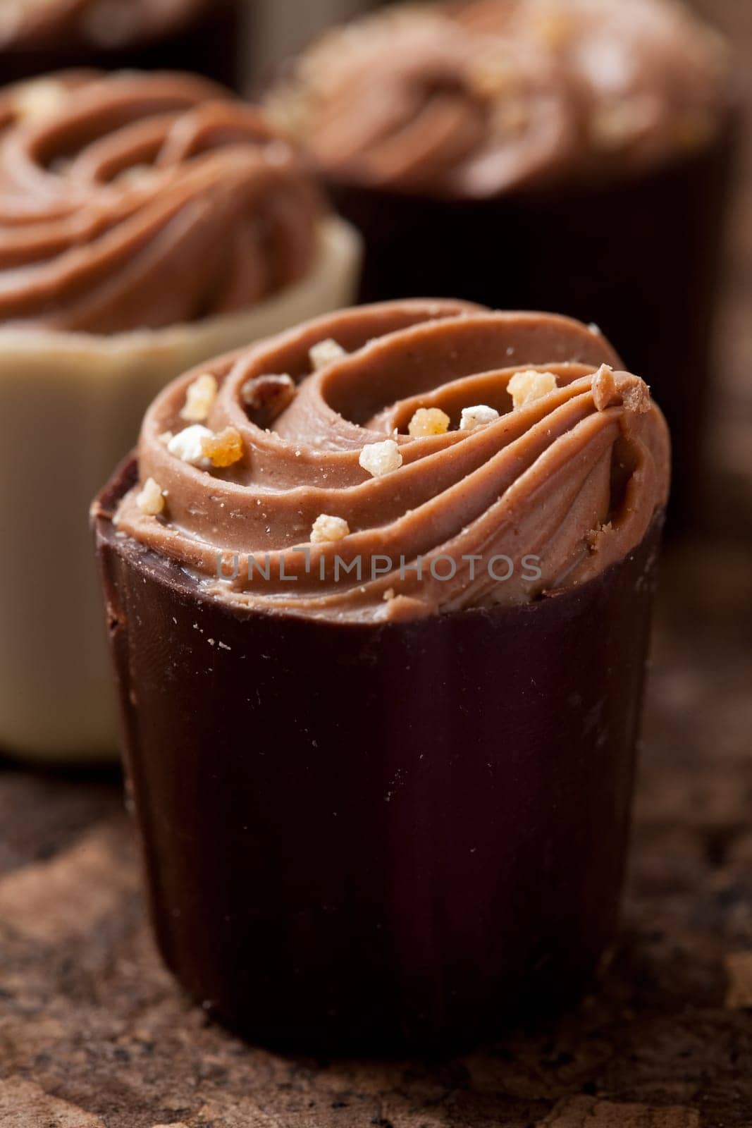 Close-up of delicious chocolate pralines. Studio shot.