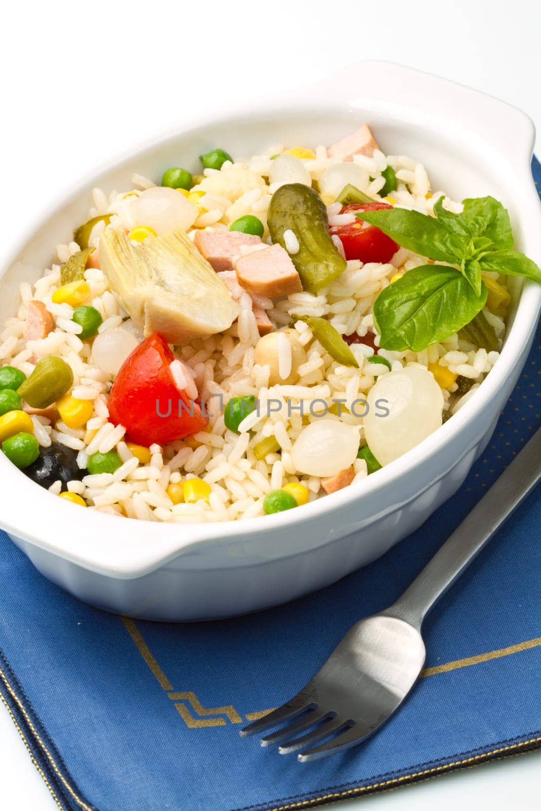 rice salad with tomatoes and pickles
