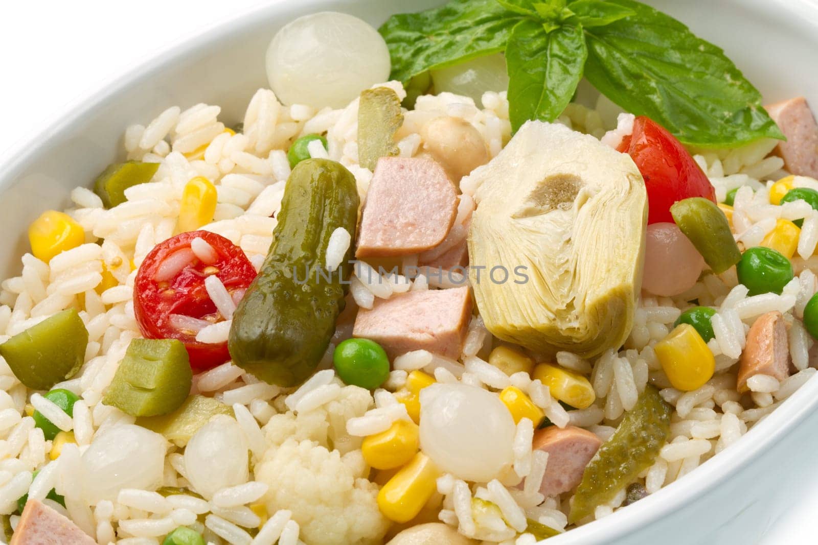 rice salad with tomatoes and pickles