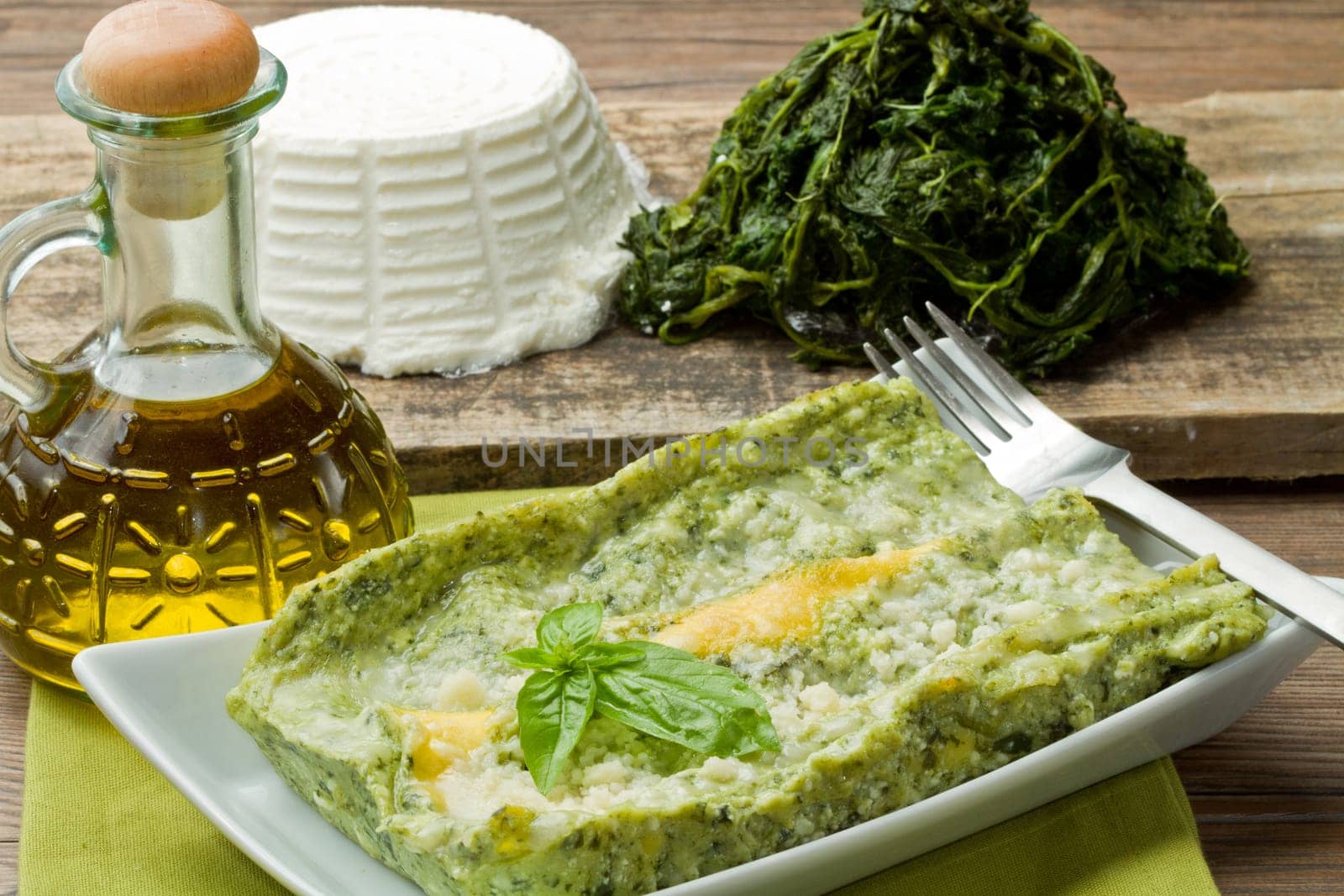 fresh lasagna with ricotta and spinach