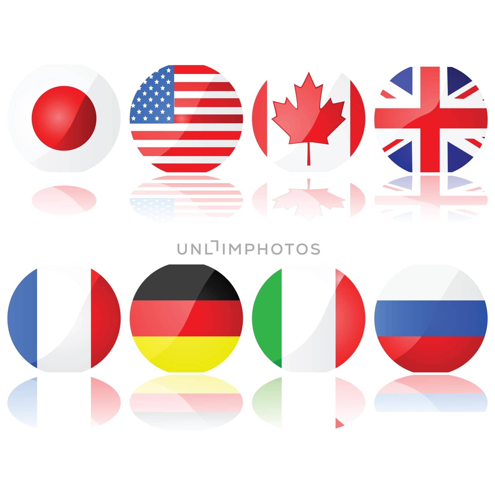 Illustration set showing buttons with the flags of the countries that compose the G-8 (Group of Eight)