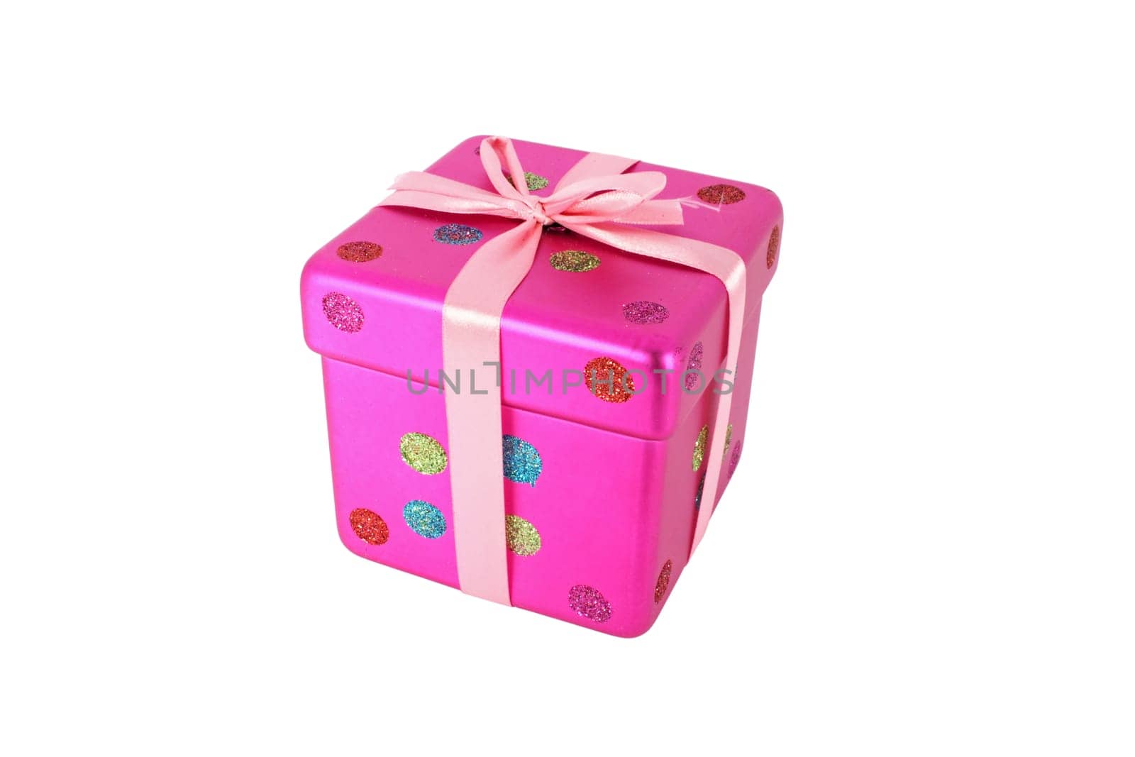 Pink gift box Christmas decoration isolated on white