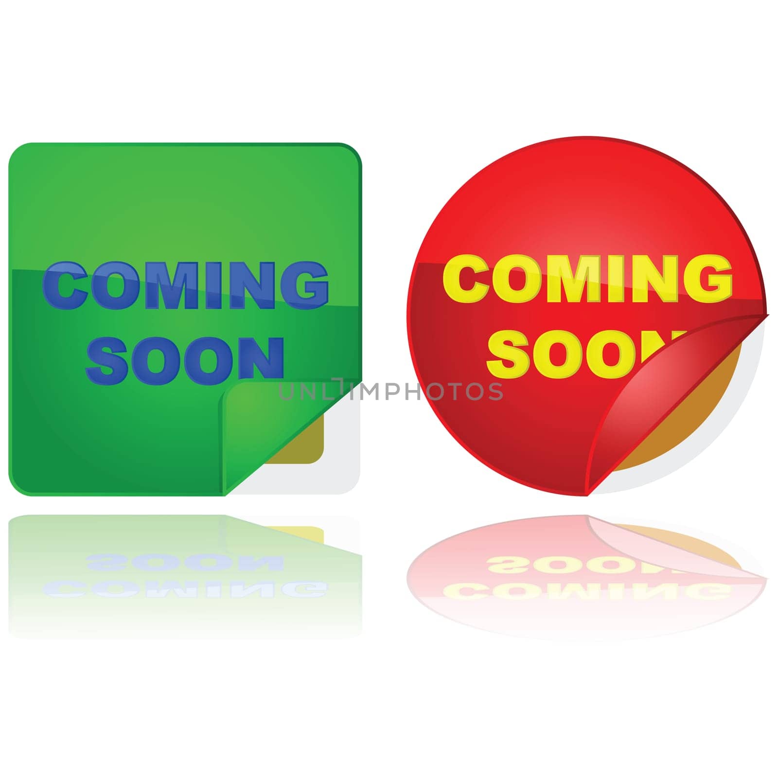 Glossy illustration of two stickers with the words &#039 Coming Soon&#039  on them and a corner lifted to give a sneak peek of what&#039 s behind them