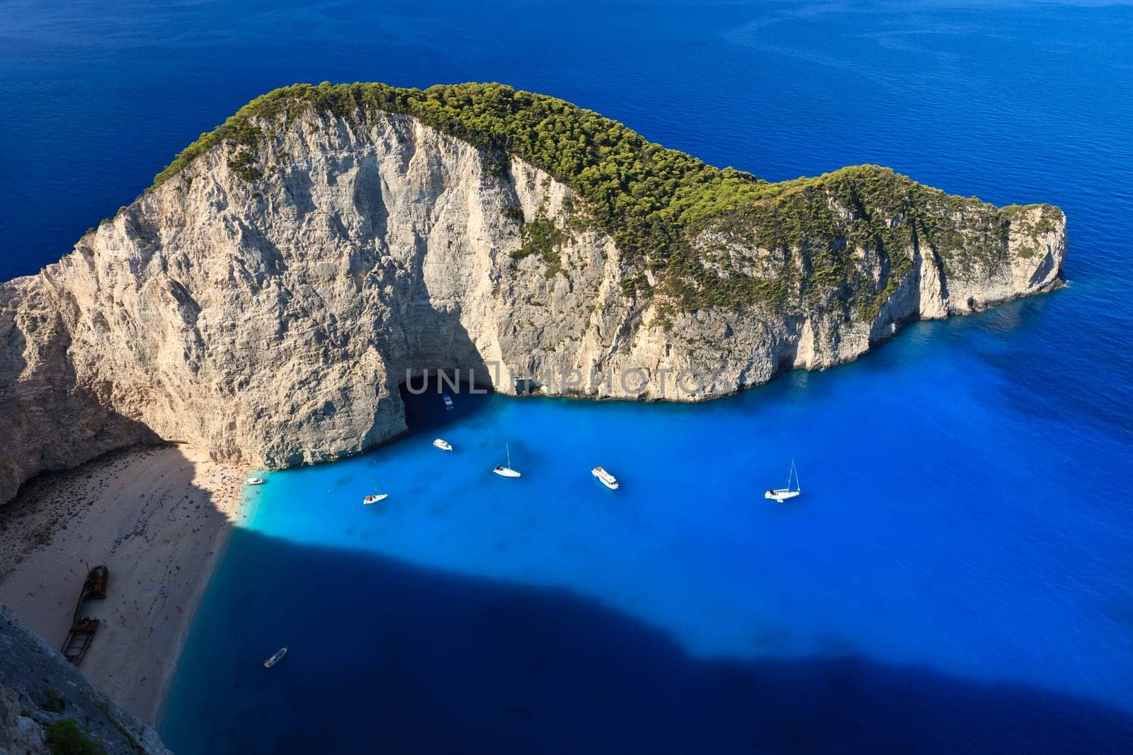 view of the shipwreck on the beach Navagio in Zakynthos, Greece