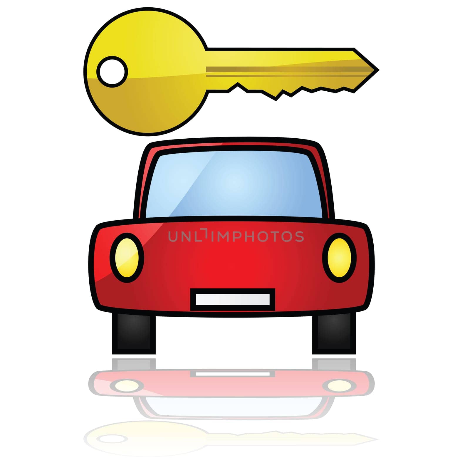 Glossy illustration showing a compact car with a key over it