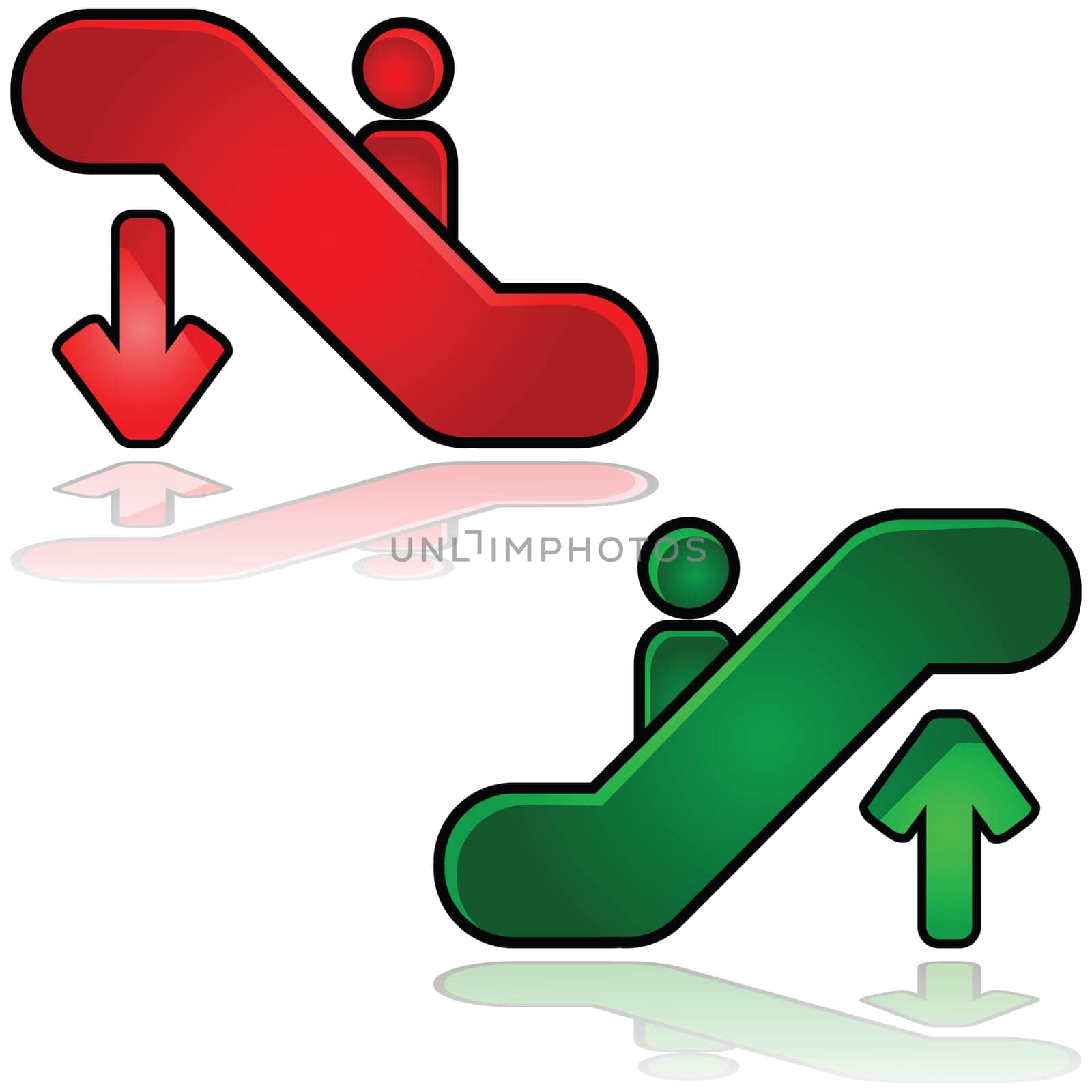 Glossy illustration of escalators signs: one going up and another down