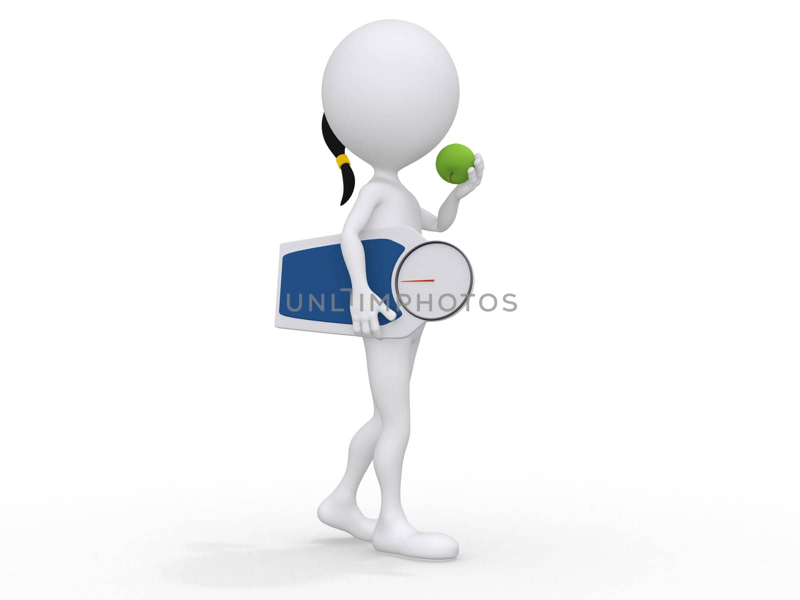 3d girl with weight scale and eating apple isolated on white